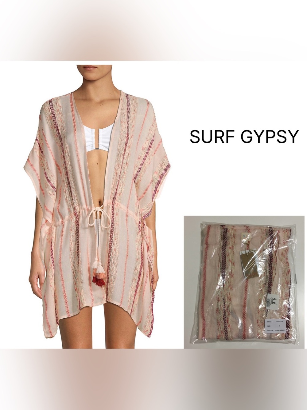 SURF GYPSY - M - NWT - CORAL / PINK WEAVE SWIM KAFTAN / BEACH COVER UP TUNIC